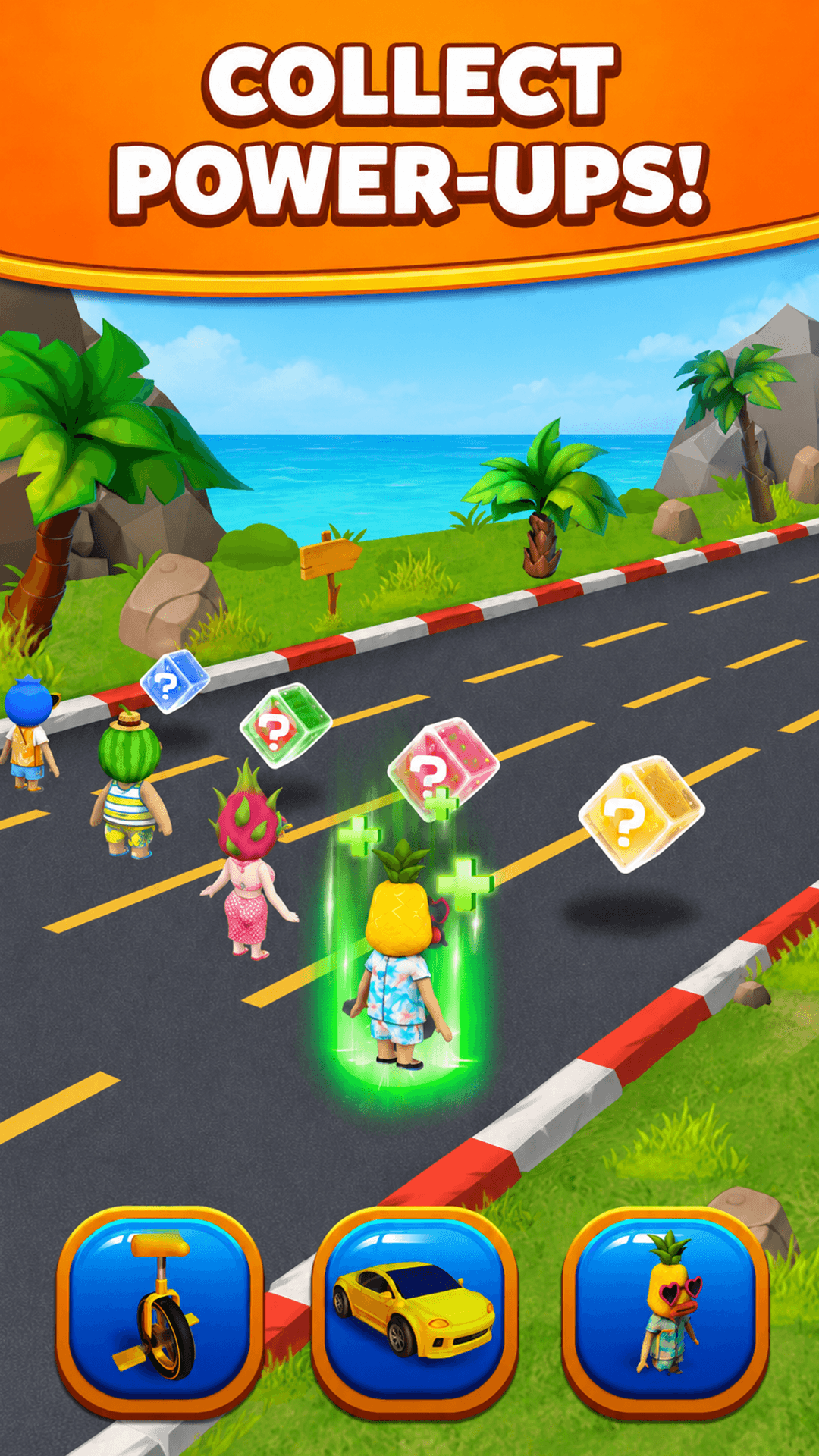 Collect power-ups on a tropical road.