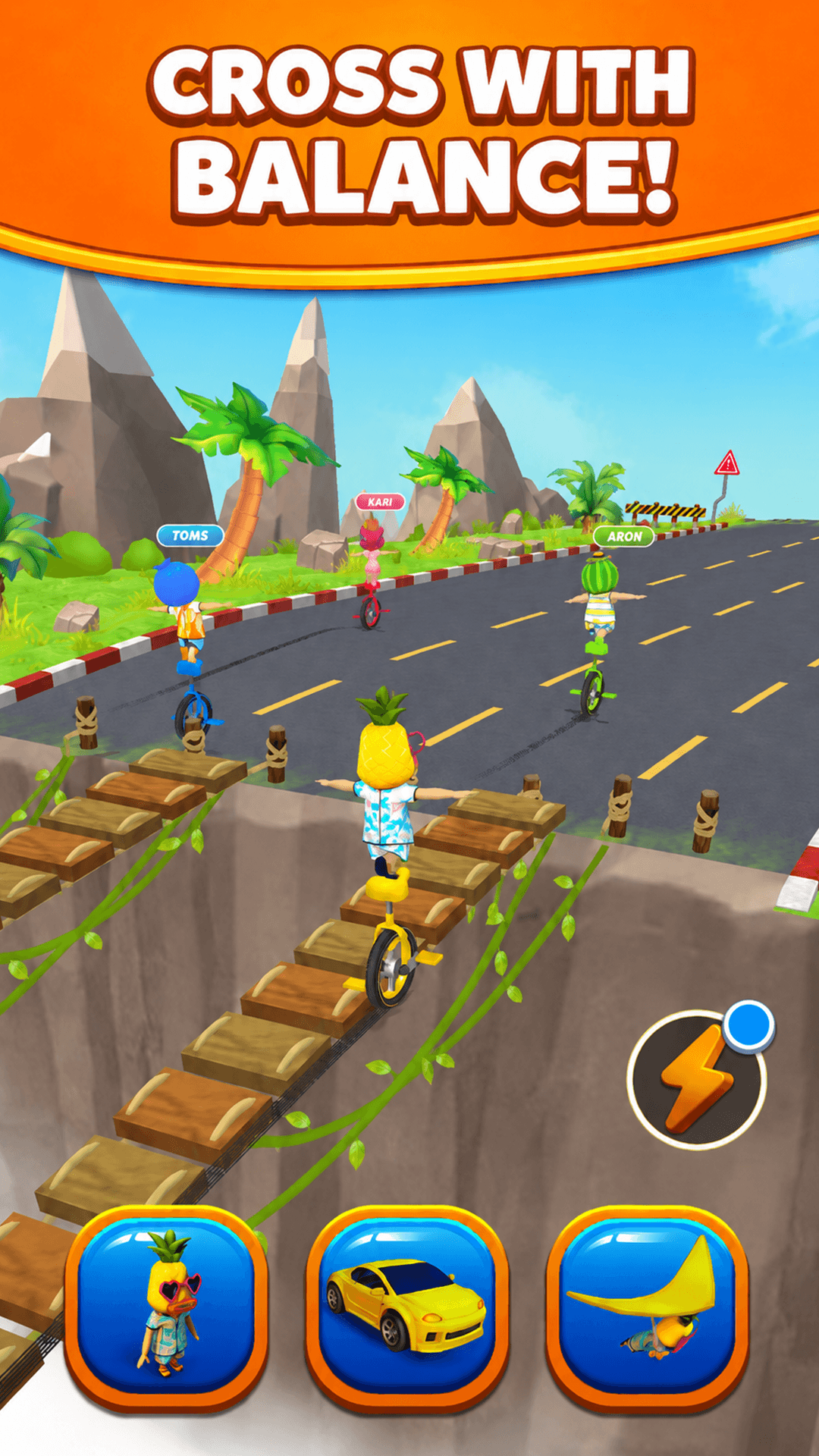 Balance challenge on a cliff bridge.